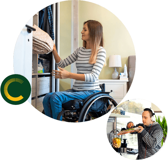 Specialist-Disability-Accommodation-2 A woman in a wheelchair arranging her bedsheet and a man with a down syndrome, wearing headphones and blending food