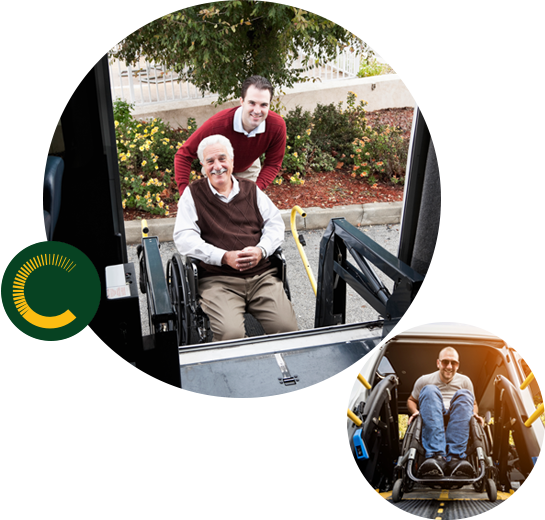 specialist-disability-accommodation2 A man assisting an older man in a wheelchair going up a car and a man in a wheelchair descending a costumised vehicle